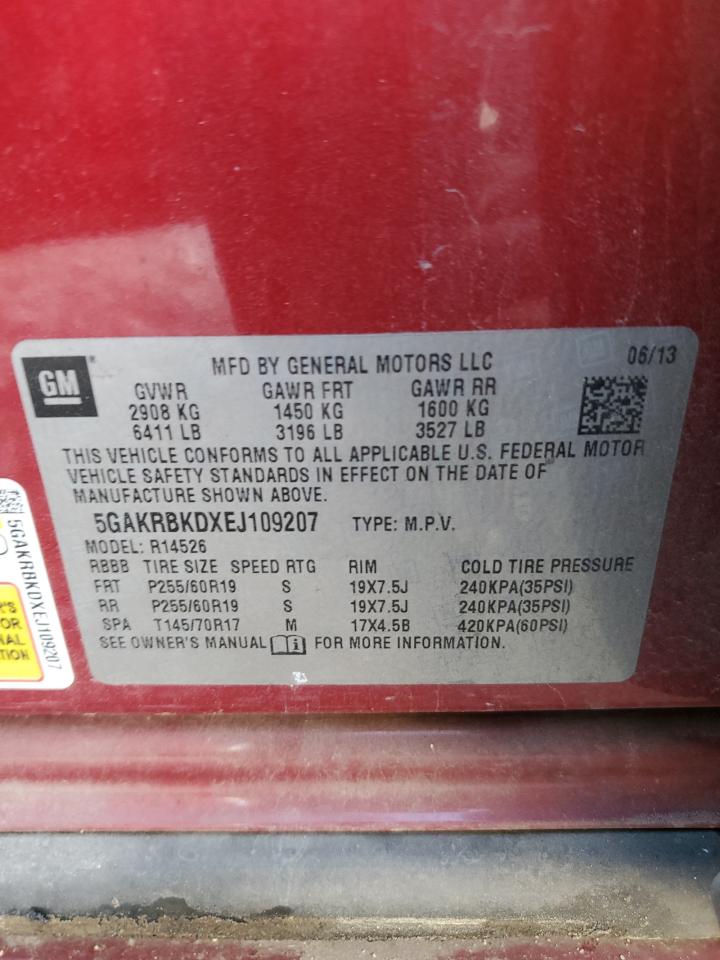 2014 Buick Enclave VIN 5GAKRBKDXEJ109207 Copart auction photo, front end / minor dent/scratches damage thumbnail 13