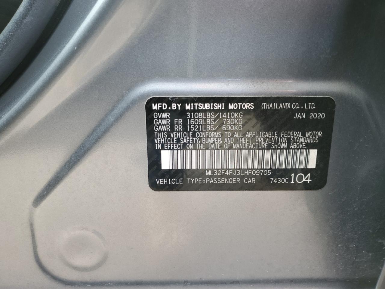 2020 Mitsubishi Mirage VIN ML32F4FJ3LHF09705 Copart auction photo, front end damage thumbnail 14