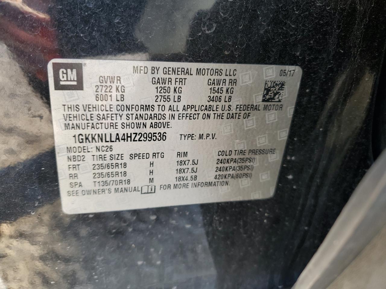 2017 GMC Acadia VIN 1GKKNLLA4HZ299536 Copart auction photo, front end damage thumbnail 16