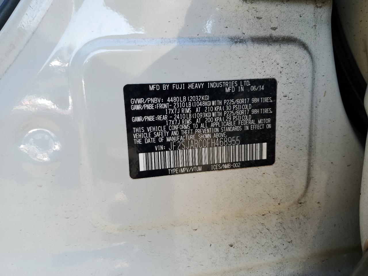 2015 Subaru Forester VIN JF2SJABC0FH468955 Copart auction photo, rear end / front end damage thumbnail 13