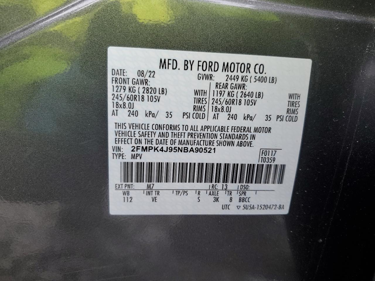 2022 Ford Edge VIN 2FMPK4J95NBA90521 Copart auction photo, rear end damage thumbnail 14