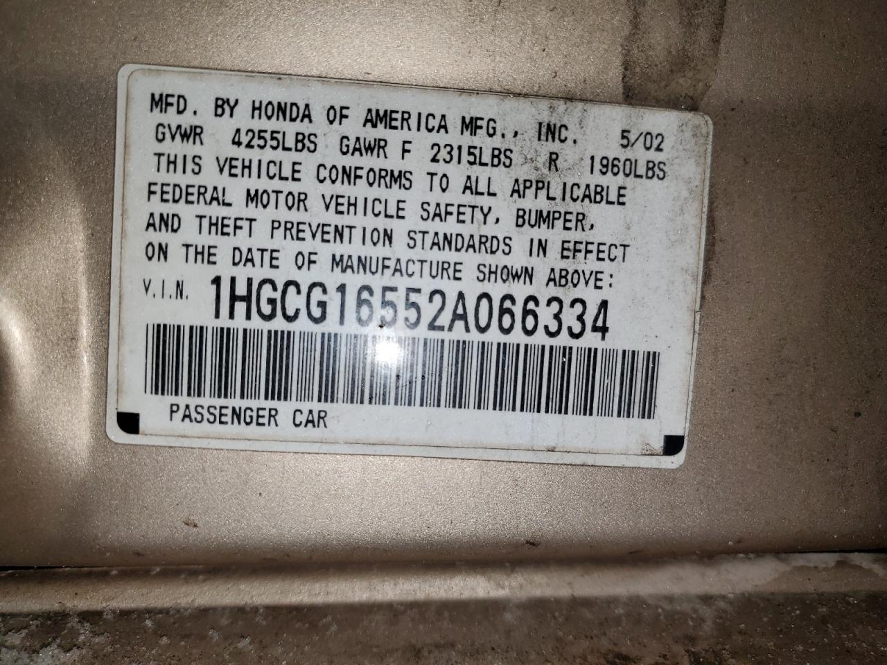 2002 Honda Accord VIN 1HGCG16552A066334 Copart auction photo, front end damage thumbnail 12