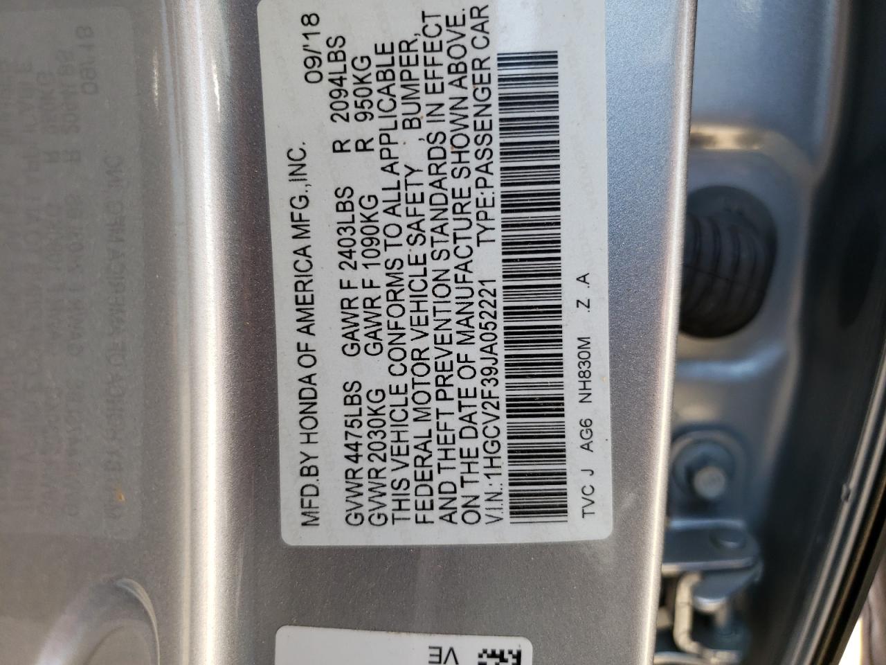 2018 Honda Accord VIN 1HGCV2F39JA052221 Copart auction photo, rollover damage thumbnail 12
