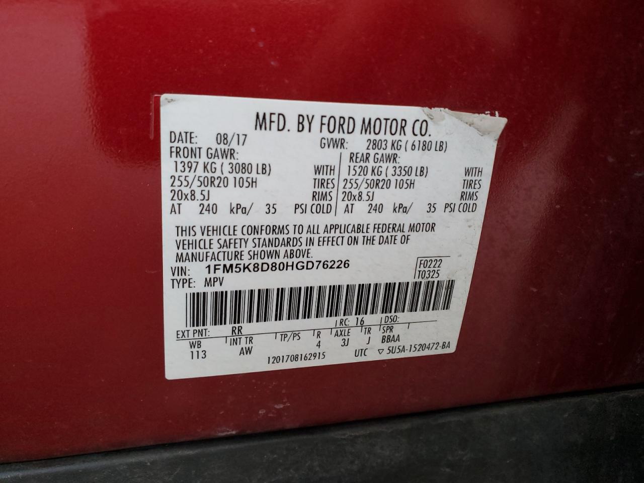 2017 Ford Explorer VIN 1FM5K8D80HGD76226 Copart auction photo, rear end damage thumbnail 13