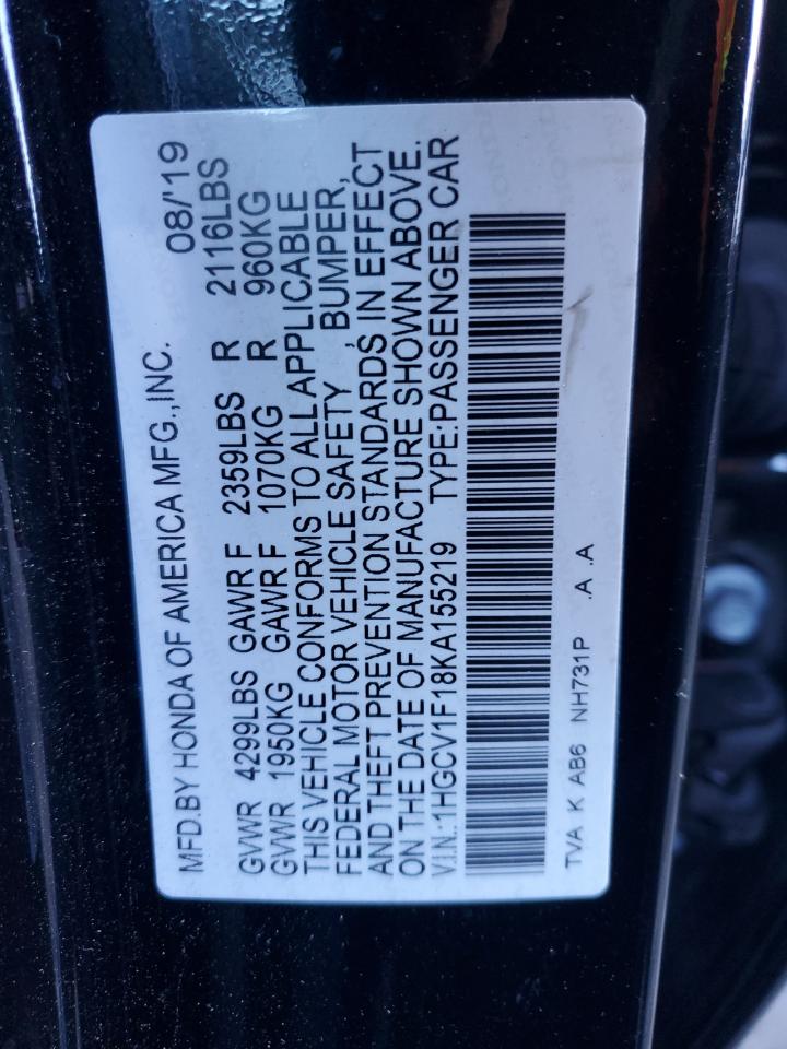 2019 Honda Accord VIN 1HGCV1F18KA155219 Copart auction photo, side / undercarriage damage thumbnail 12