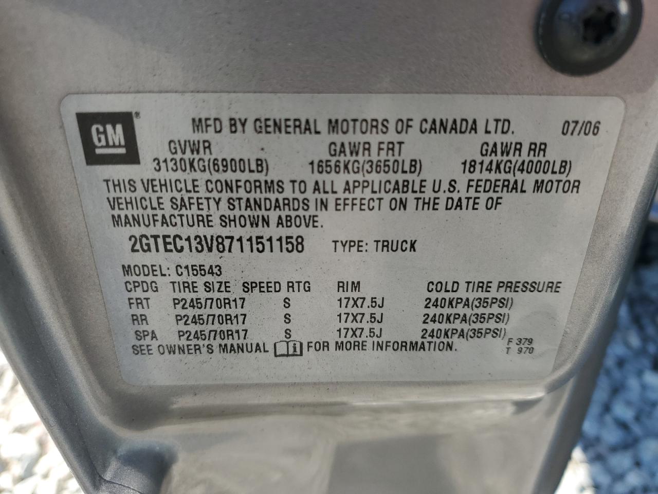 2007 GMC Sierra VIN 2GTEC13V871151158 Copart auction photo, front end damage thumbnail 14