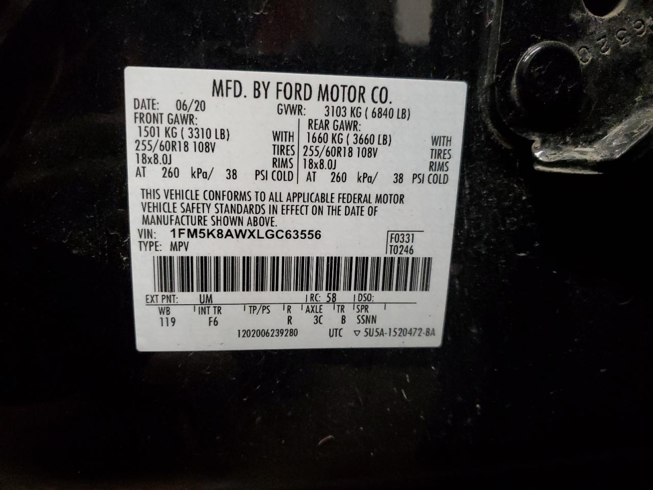 2020 Ford Explorer VIN 1FM5K8AWXLGC63556 Copart auction photo, rear end damage thumbnail 13