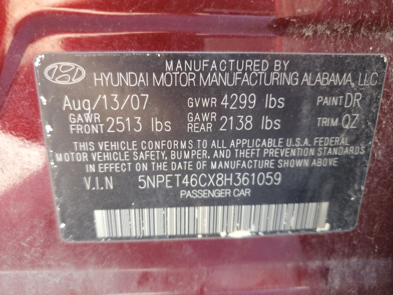 2008 Hyundai Sonata VIN 5NPET46CX8H361059 Copart auction photo, vandalism damage thumbnail 12