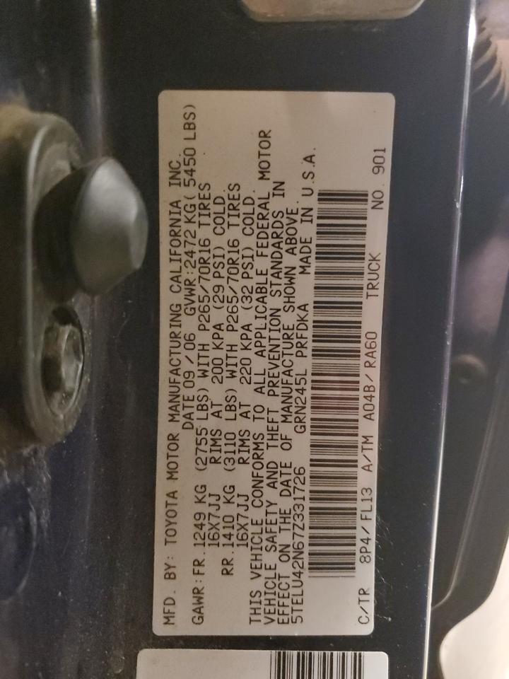 2007 Toyota Tacoma VIN 5TELU42N67Z331726 Copart auction photo, front end / mechanical damage thumbnail 14