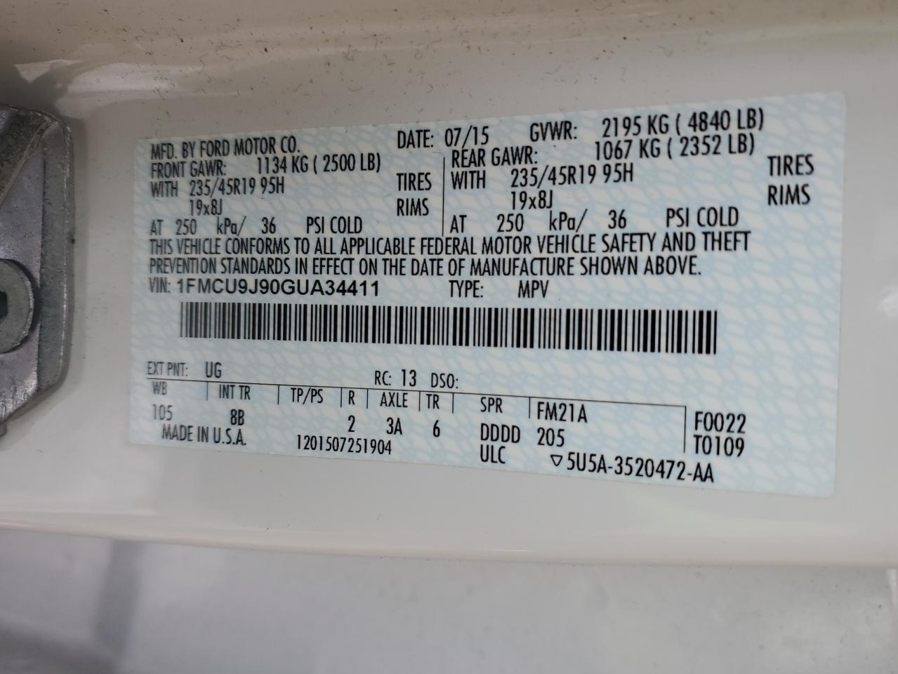 2016 Ford Escape VIN 1FMCU9J90GUA34411 Copart auction photo, front end / minor dent/scratches damage thumbnail 14