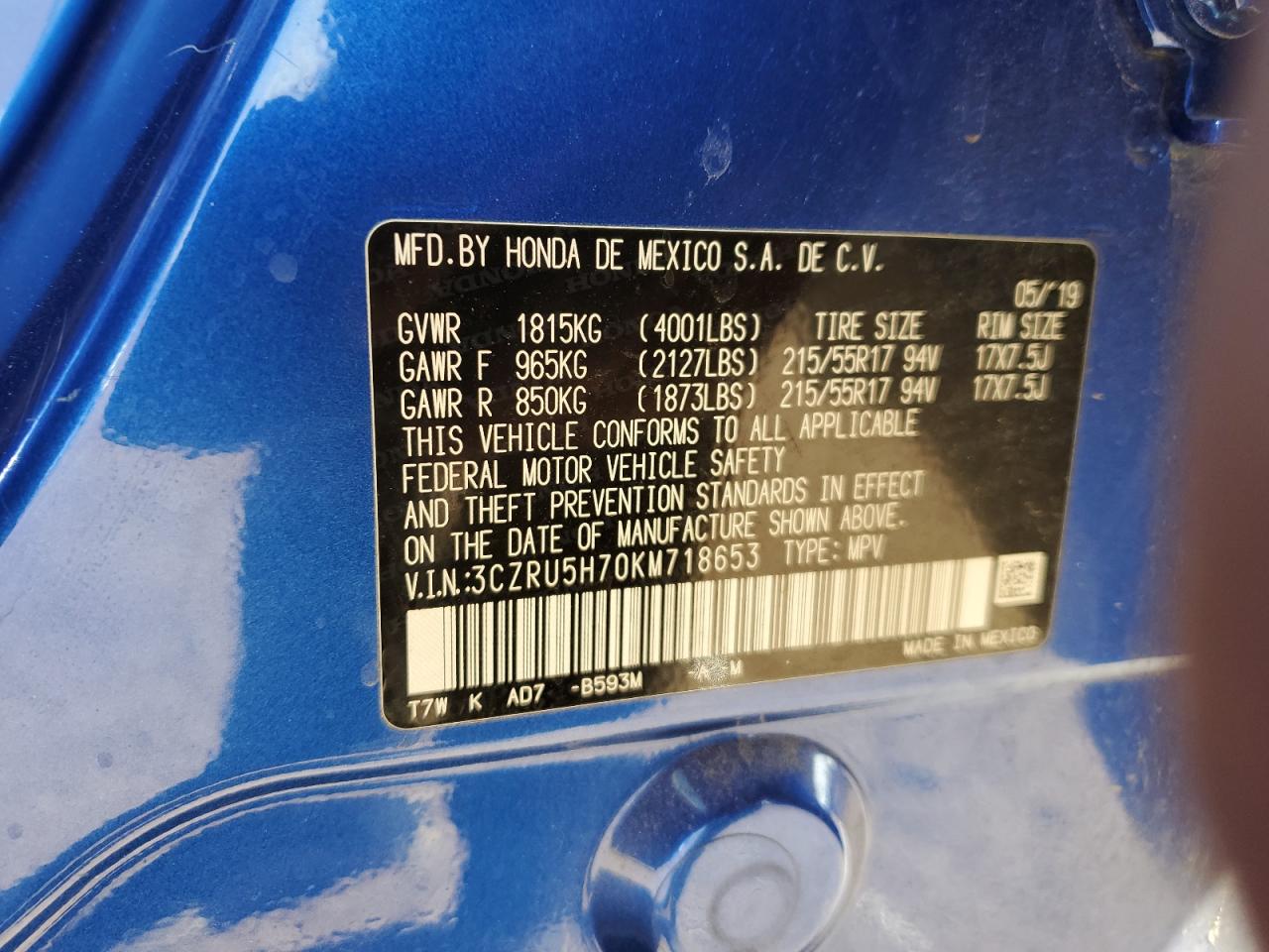 2019 Honda HR-V VIN 3CZRU5H70KM718653 Copart auction photo, front end damage thumbnail 12