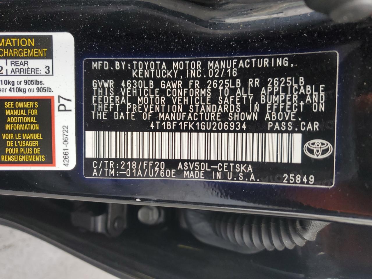 2016 Toyota Camry VIN 4T1BF1FK1GU206934 Copart auction photo, rear end / side damage thumbnail 12