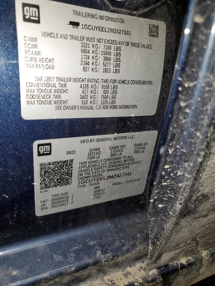 2021 Chevrolet Silverado VIN 1GCUYEEL2MZ427241 Copart auction photo, front end / side damage thumbnail 13