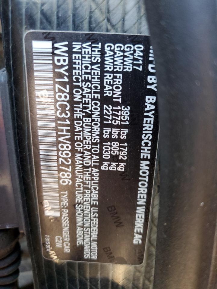 2017 BMW i3 VIN WBY1Z8C31HV892786 Copart auction photo, front end / undercarriage damage thumbnail 14