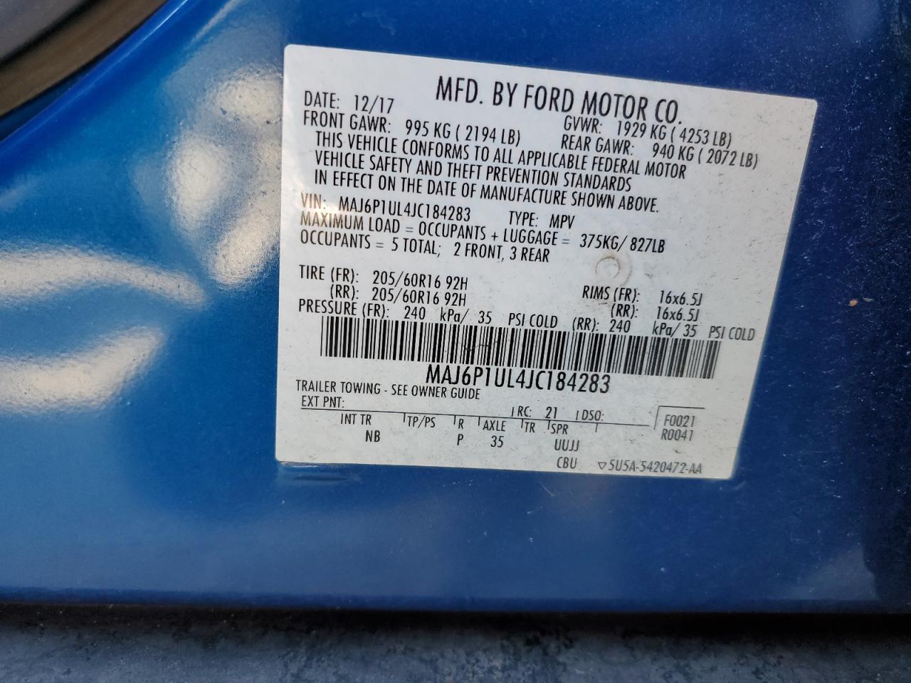 2018 Ford EcoSport VIN MAJ6P1UL4JC184283 Copart auction photo, rear end damage thumbnail 14