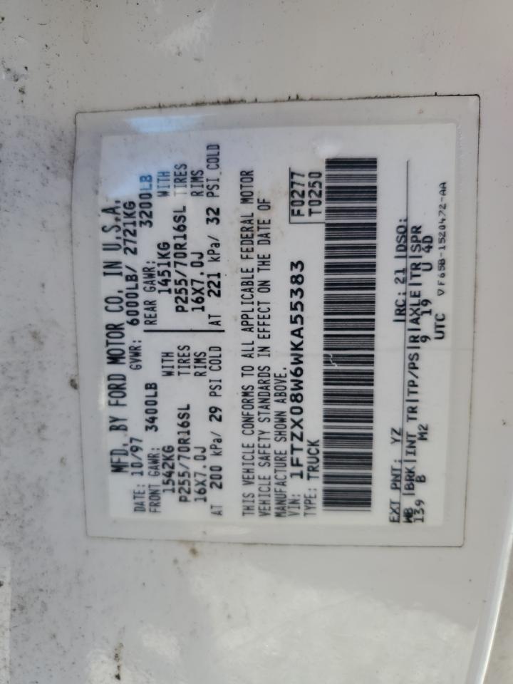 1998 Ford F-150 VIN 1FTZX08W6WKA55383 Copart auction photo, side / front end damage thumbnail 14