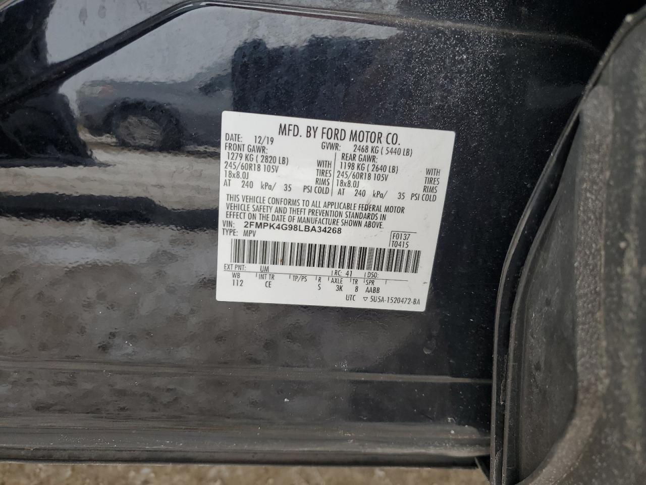 2020 Ford Edge VIN 2FMPK4G98LBA34268 Copart auction photo, front end / side damage thumbnail 14