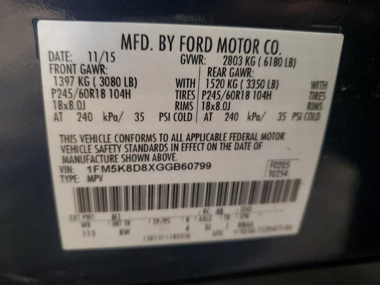 2016 Ford Explorer VIN 1FM5K8D8XGGB60799 Copart auction photo, side damage thumbnail 15