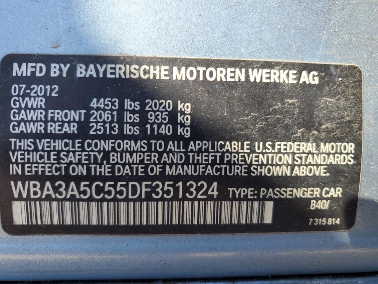 2013 BMW 3er VIN WBA3A5C55DF351324 Copart auction photo, front end damage thumbnail 12