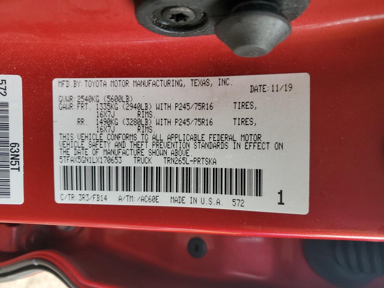 2020 Toyota Tacoma VIN 5TFAX5GN1LX170653 Copart auction photo, rear end damage thumbnail 14