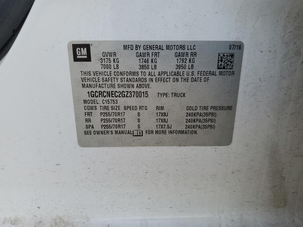 2016 Chevrolet Silverado VIN 1GCRCNEC2GZ370015 Copart auction photo, front end damage thumbnail 12