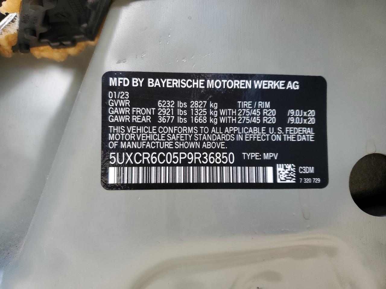 2023 BMW X5 VIN 5UXCR6C05P9R36850 Copart auction photo, side / rear end damage thumbnail 13