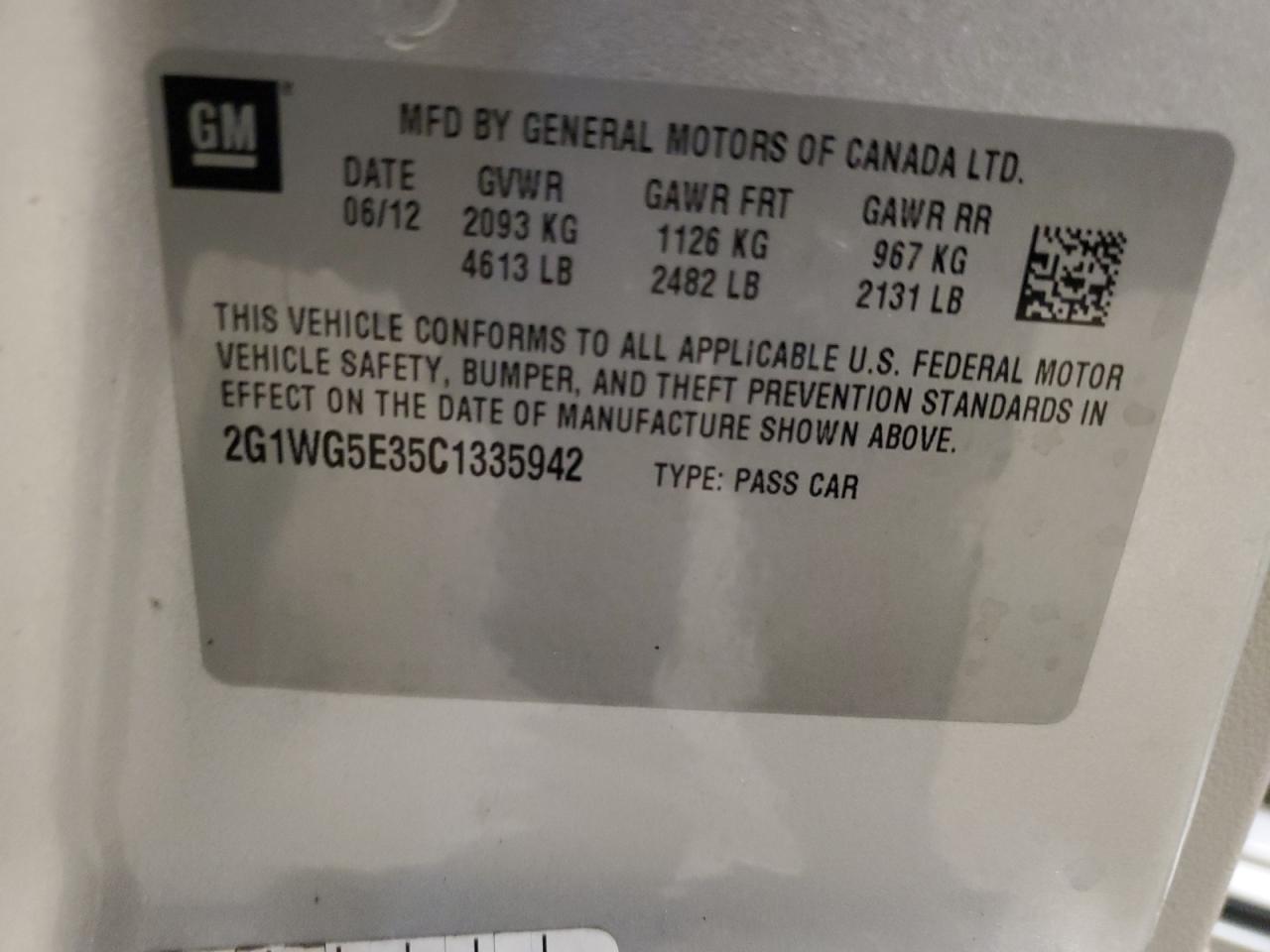 2012 Chevrolet Impala VIN 2G1WG5E35C1335942 Copart auction photo, rear end damage thumbnail 13