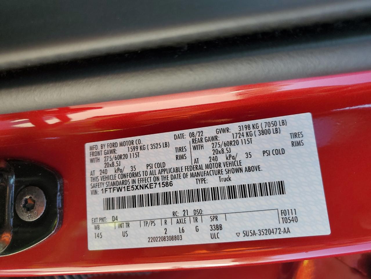 2022 Ford F-150 VIN 1FTFW1E5XNKE71586 Copart auction photo, front end / minor dent/scratches damage thumbnail 12