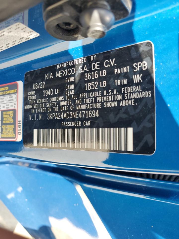2022 KIA Rio VIN 3KPA24AD3NE471694 Copart auction photo, biohazard/chemical / front end damage thumbnail 14