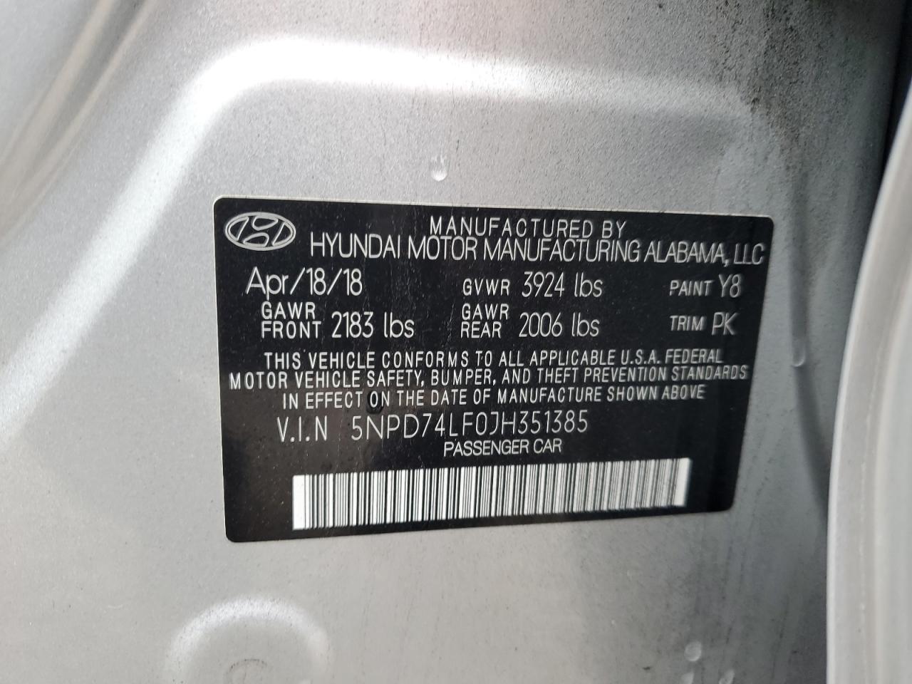 2018 Hyundai Elantra VIN 5NPD74LF0JH351385 Copart auction photo, water/flood / front end damage thumbnail 15