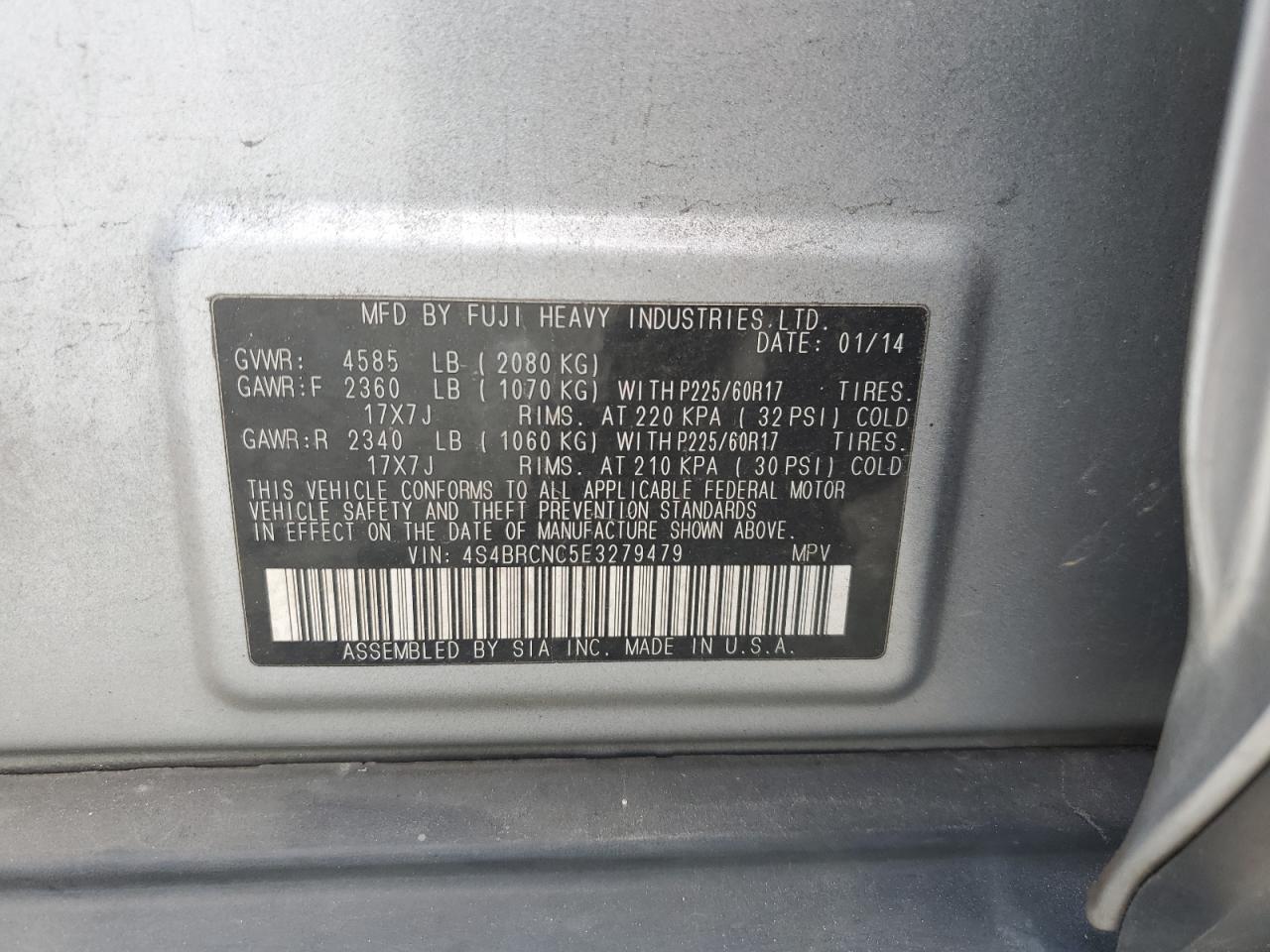 2014 Subaru Outback VIN 4S4BRCNC5E3279479 Copart auction photo, rear end damage thumbnail 12