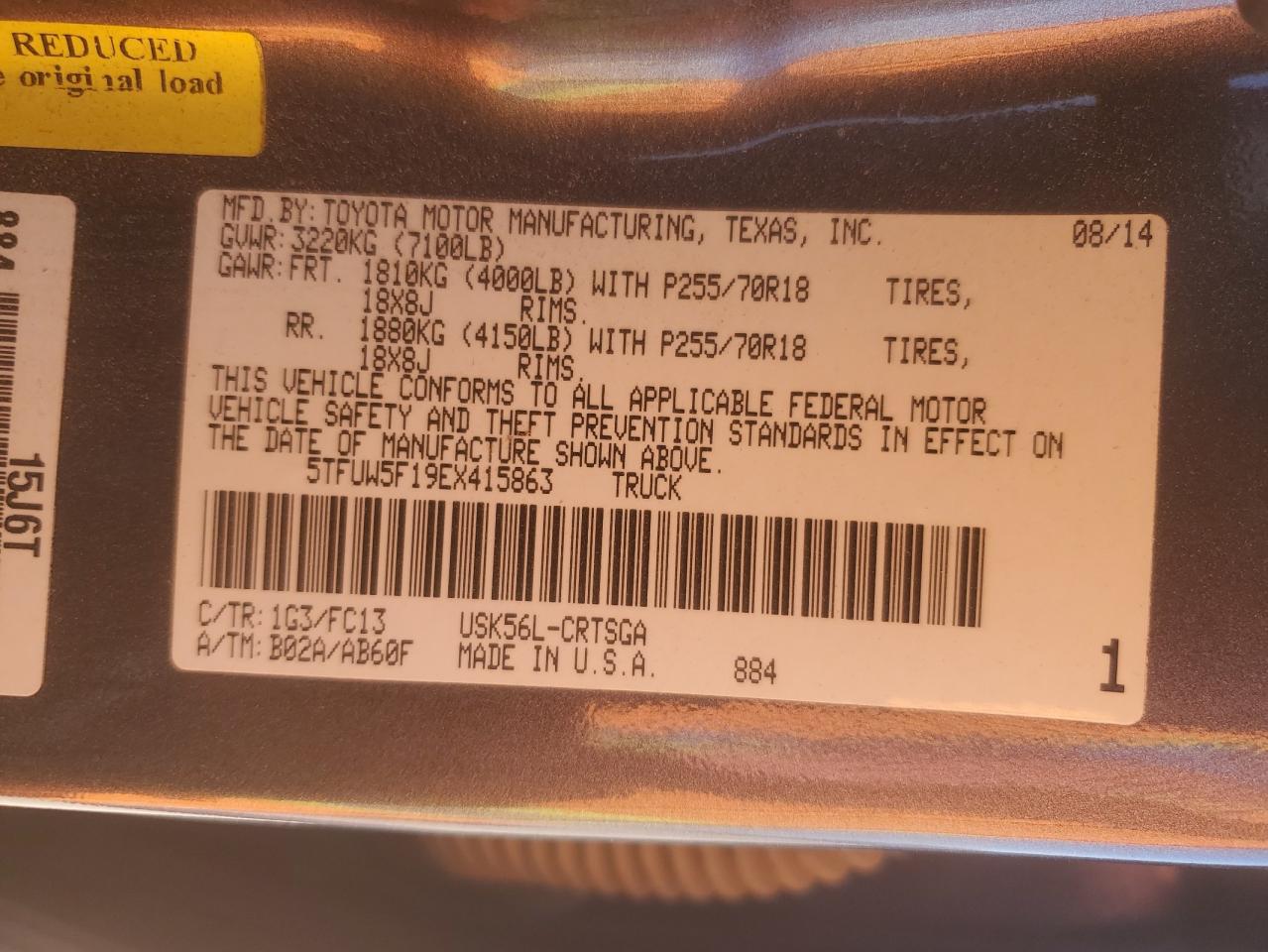 2014 Toyota Tundra VIN 5TFUW5F19EX415863 Copart auction photo, front end / minor dent/scratches damage thumbnail 15