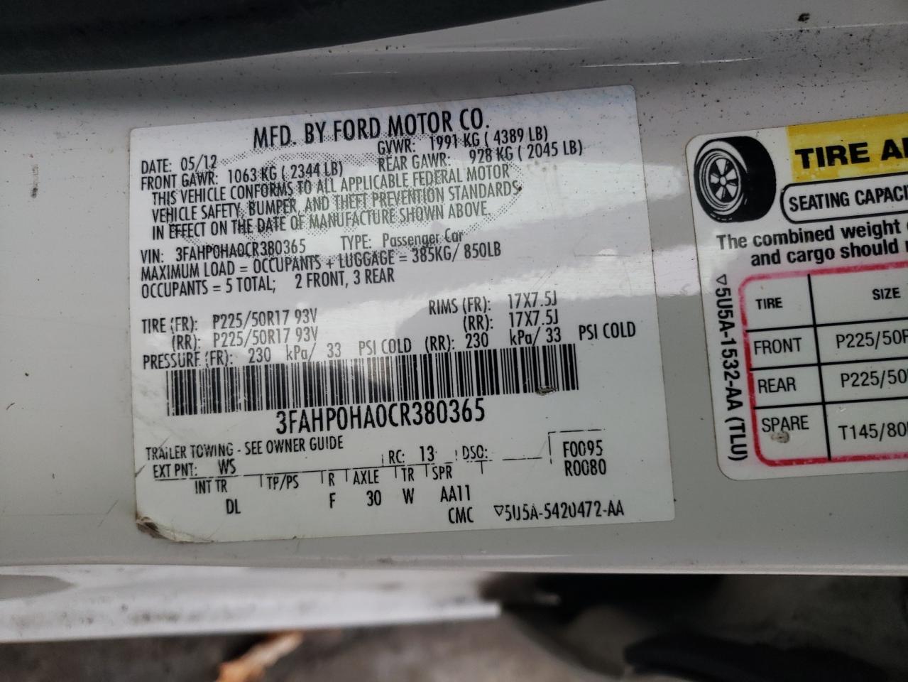2012 Ford Fusion VIN 3FAHP0HA0CR380365 Copart auction photo, front end / side damage thumbnail 12