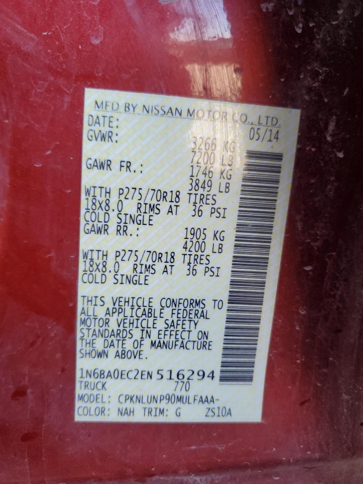 2014 Nissan Titan VIN 1N6BA0EC2EN516294 Copart auction photo, front end damage thumbnail 14