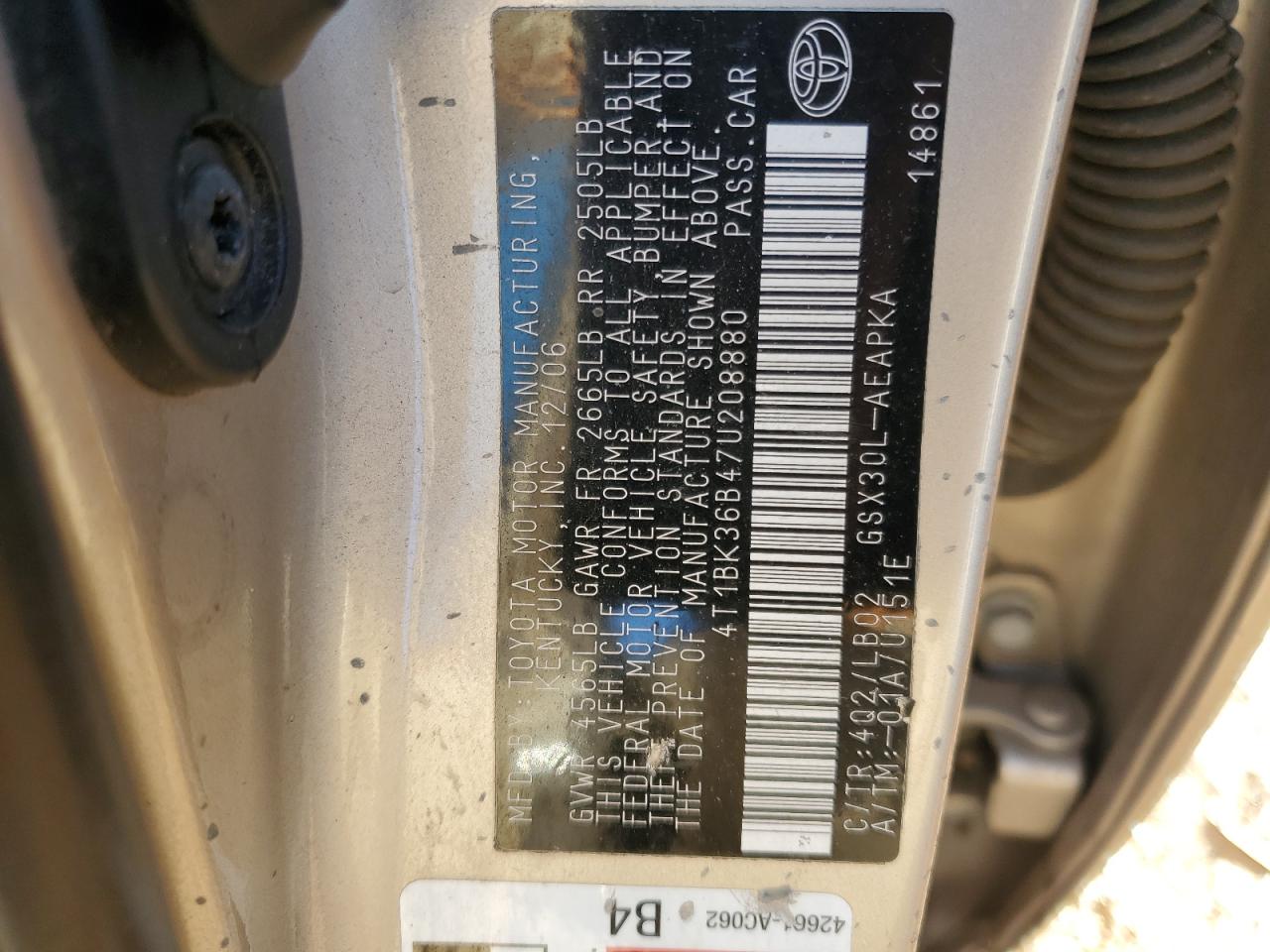 2007 Toyota Avalon VIN 4T1BK36B47U208880 Copart auction photo, rear end damage thumbnail 14