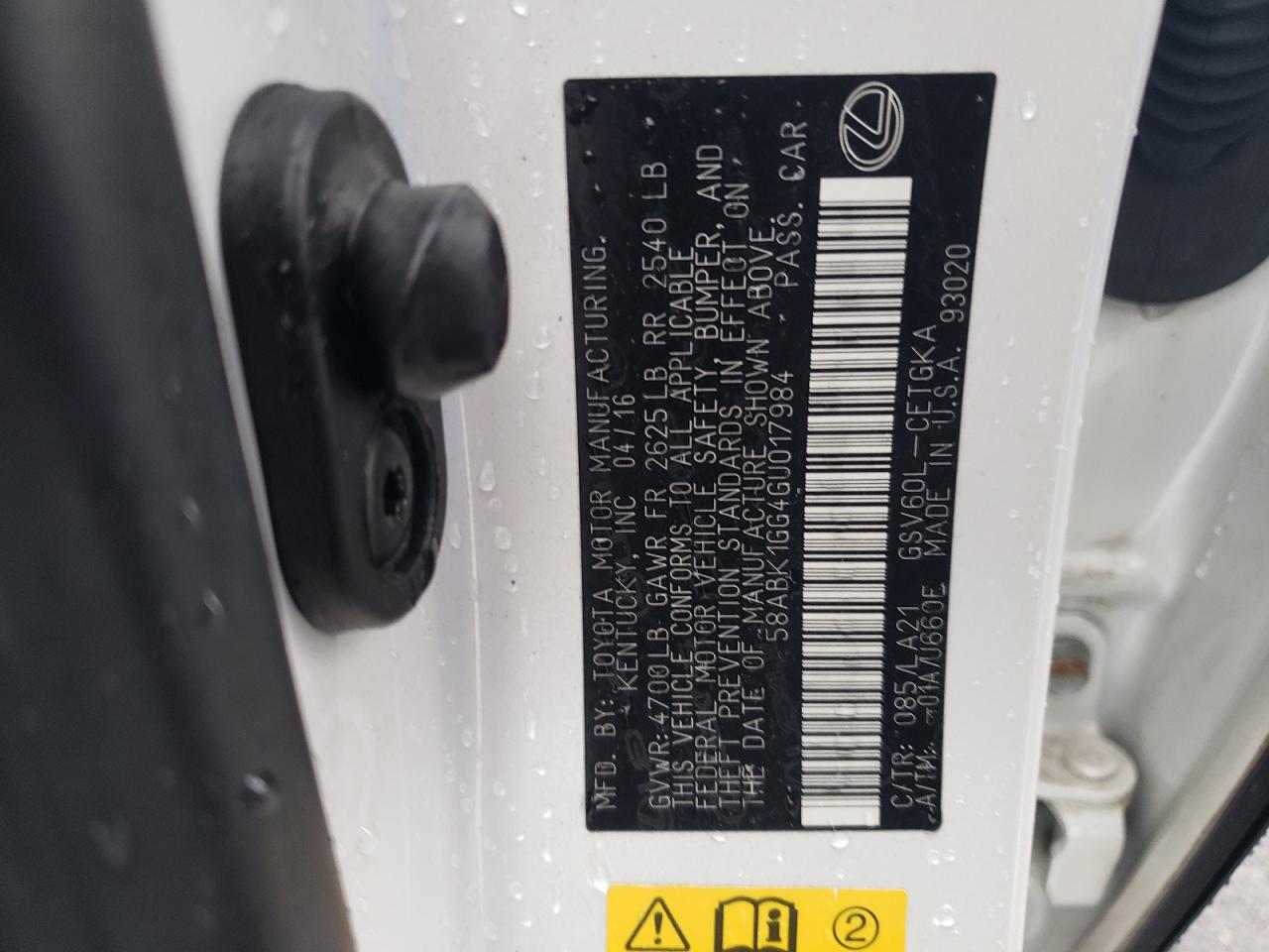 2016 Lexus ES VIN 58ABK1GG4GU017984 Copart auction photo, rear end / side damage thumbnail 12