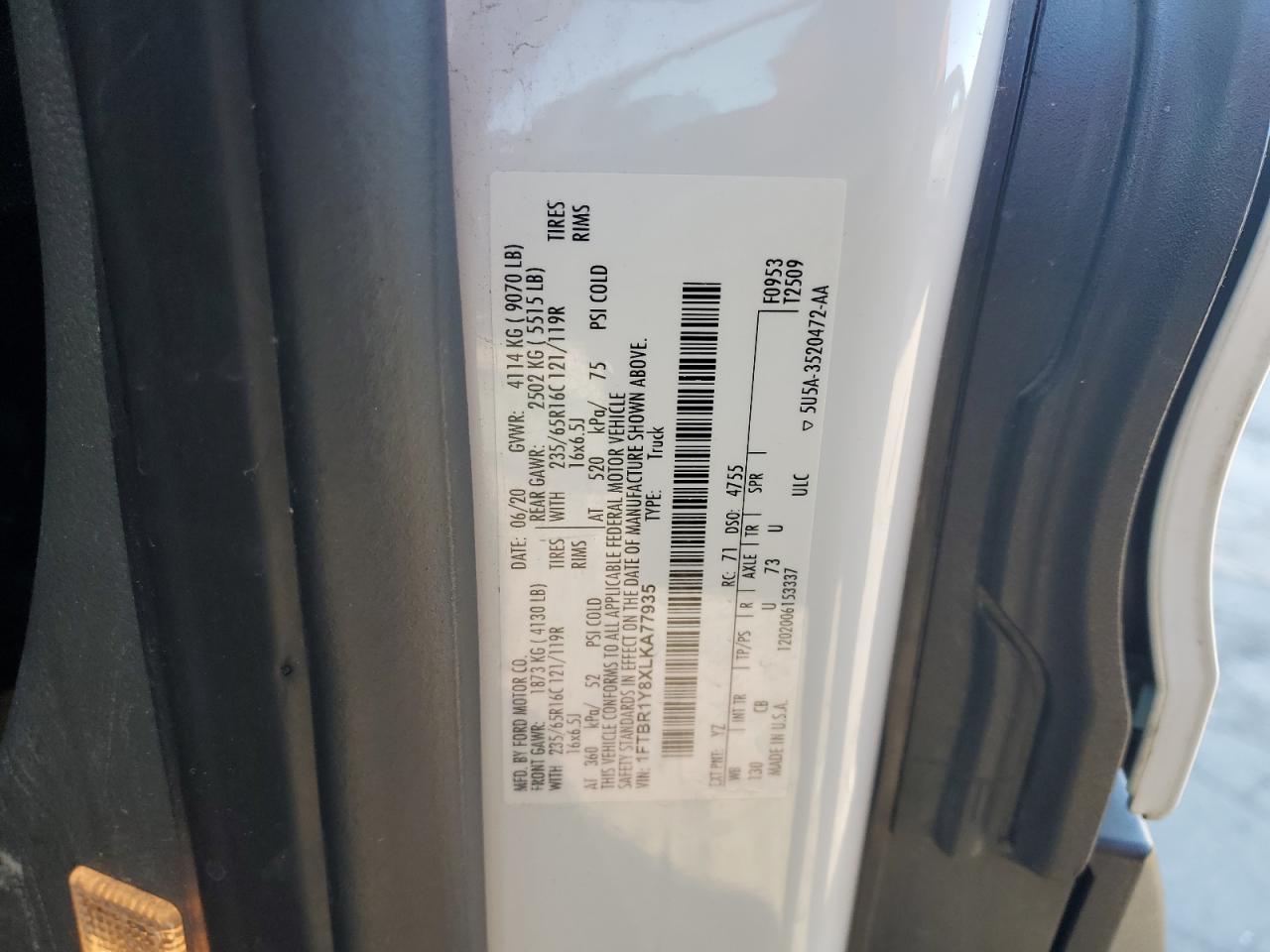 2020 Ford Transit VIN 1FTBR1Y8XLKA77935 Copart auction photo, front end / minor dent/scratches damage thumbnail 13