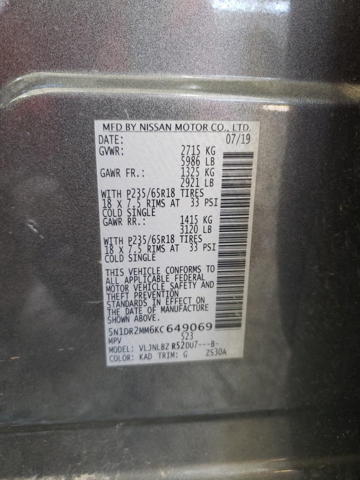 2019 Nissan Pathfinder VIN 5N1DR2MM6KC649069 Copart auction photo, rear end / minor dent/scratches damage thumbnail 13