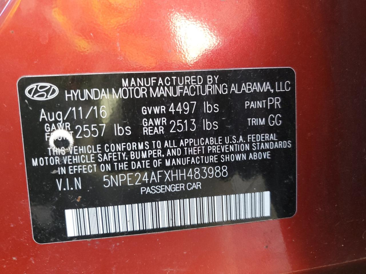 2017 Hyundai Sonata VIN 5NPE24AFXHH483988 Copart auction photo, front end / side damage thumbnail 14