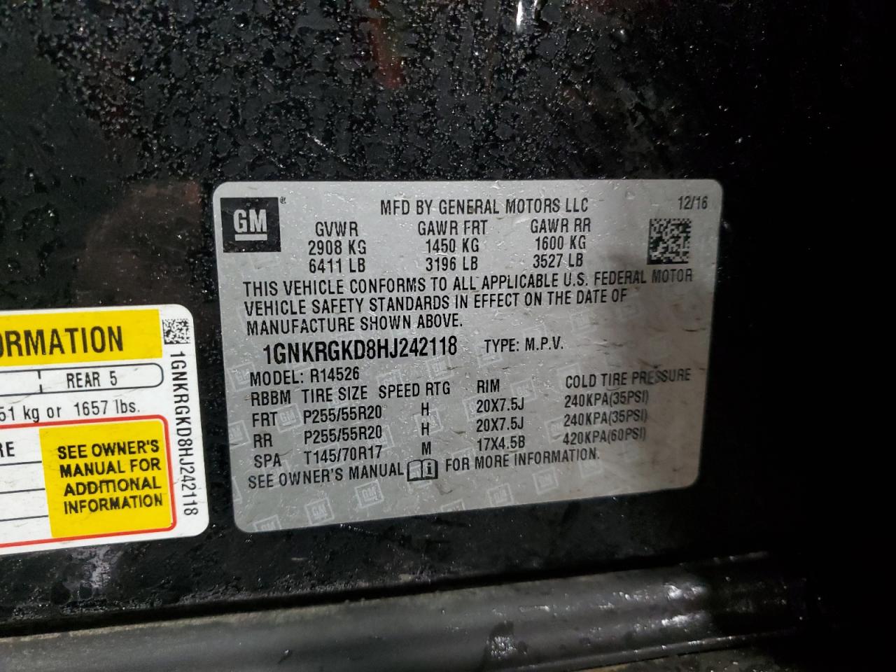 2017 Chevrolet Traverse VIN 1GNKRGKD8HJ242118 Copart auction photo, front end damage thumbnail 15