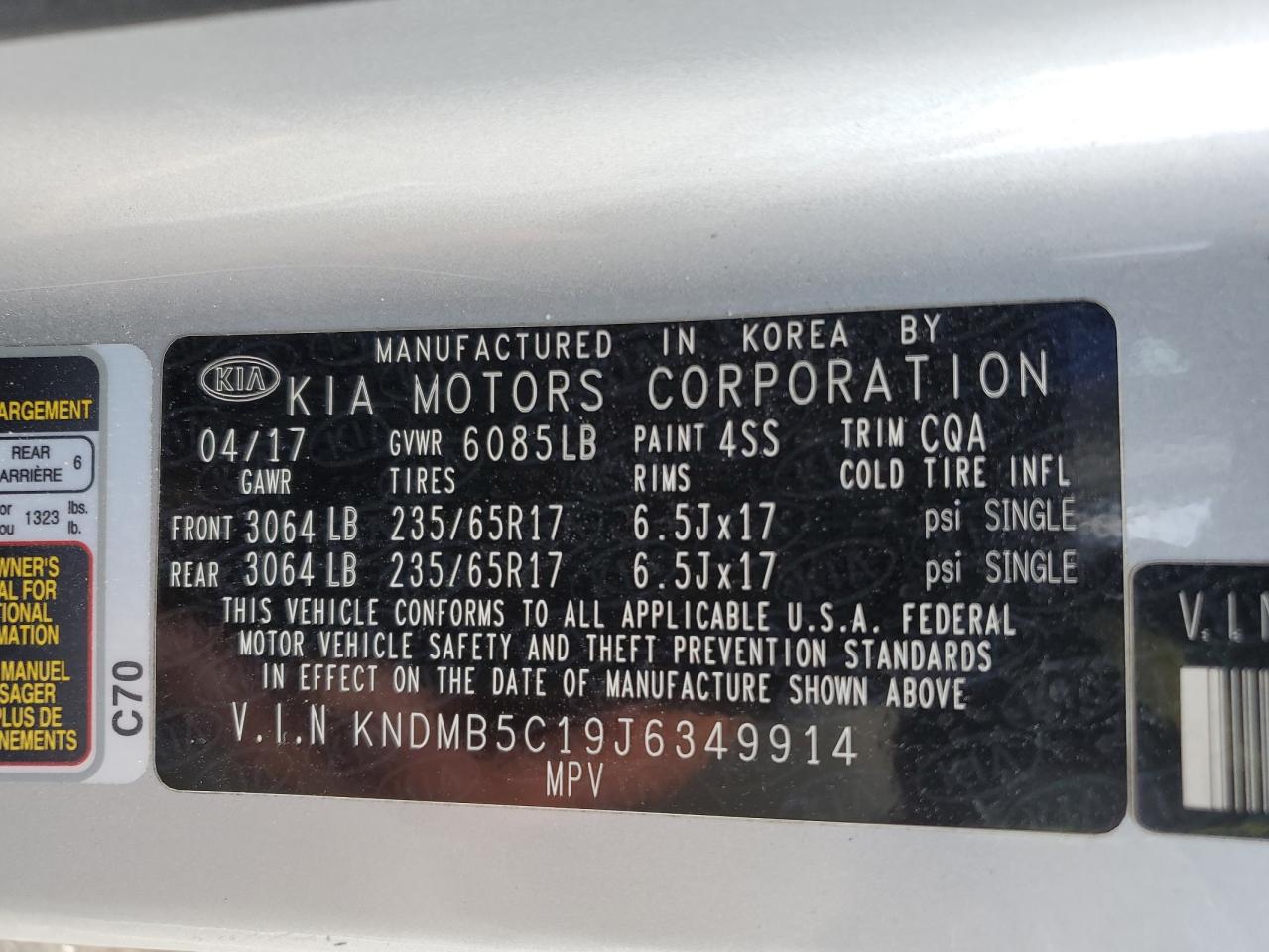 2018 KIA Sedona VIN KNDMB5C19J6349914 Copart auction photo, front end damage thumbnail 13
