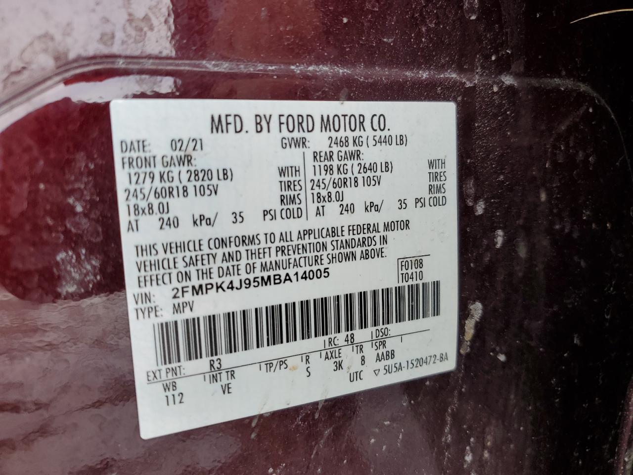 2021 Ford Edge VIN 2FMPK4J95MBA14005 Copart auction photo, front end damage thumbnail 13