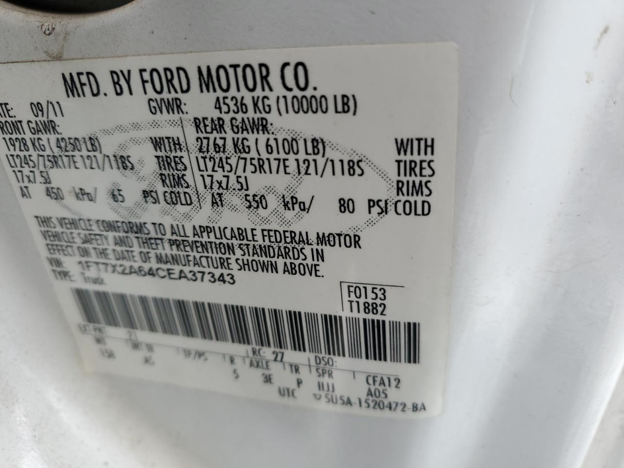 2012 Ford F250 VIN 1FT7X2A64CEA37343 Copart auction photo, front end / minor dent/scratches damage thumbnail 12