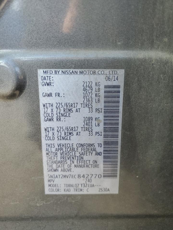 2014 Nissan Rogue VIN 5N1AT2MV7EC842770 Copart auction photo, front end / rear end damage thumbnail 15
