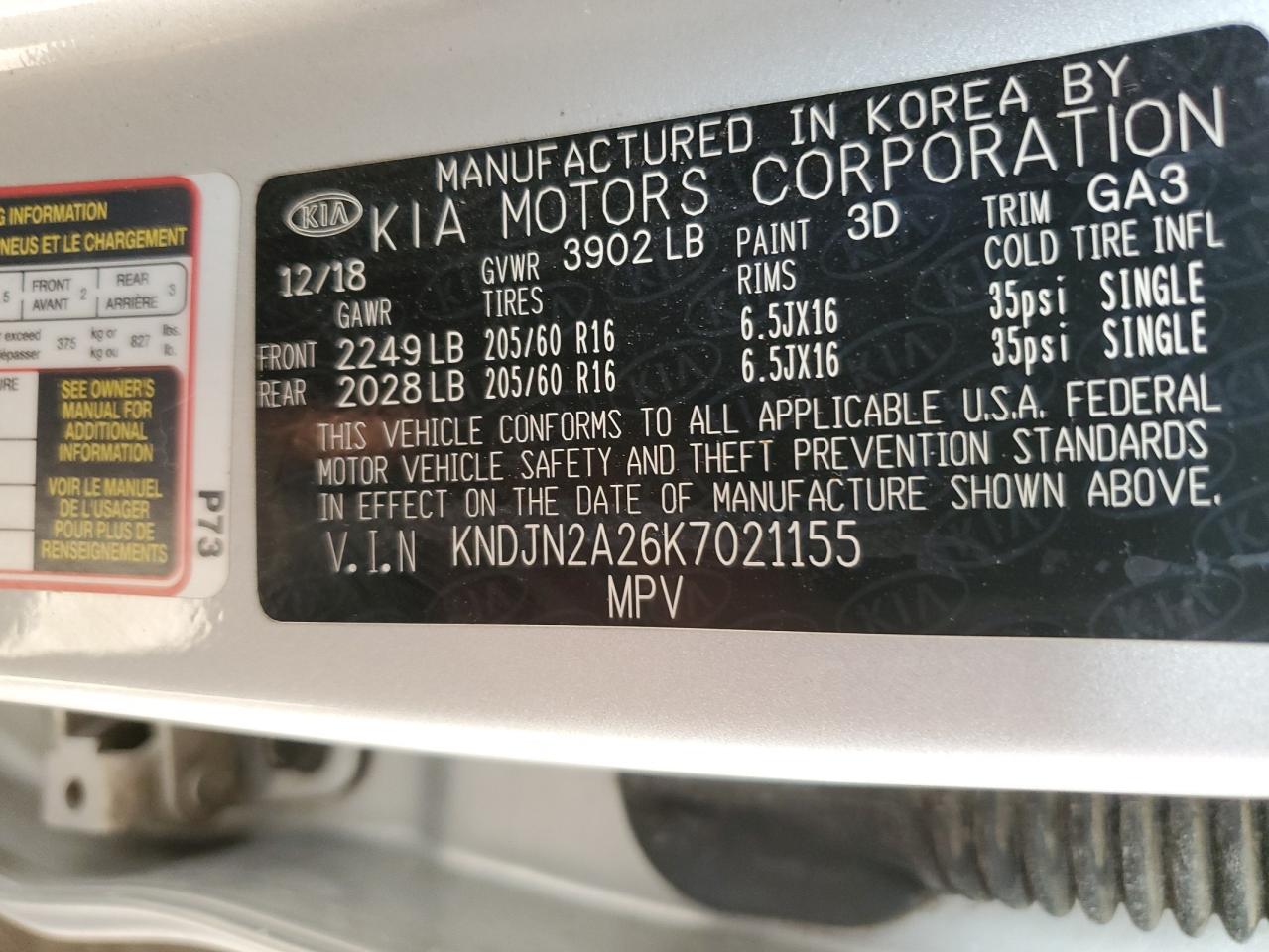 2019 KIA Soul VIN KNDJN2A26K7021155 Copart auction photo, side / rear end damage thumbnail 12