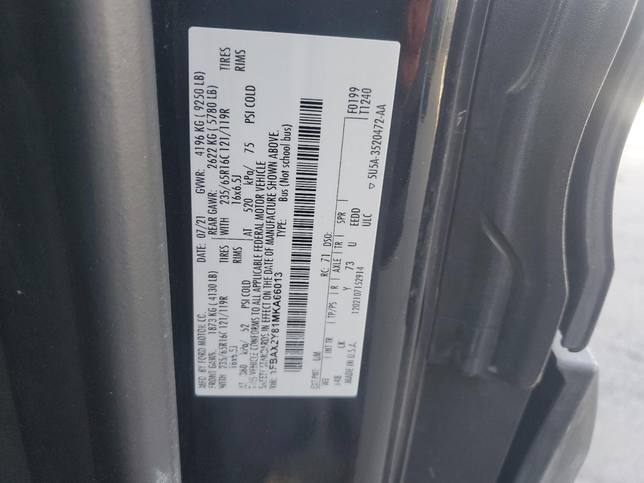 2021 Ford Transit VIN 1FBAX2Y81MKA66013 Copart auction photo, front end damage thumbnail 14