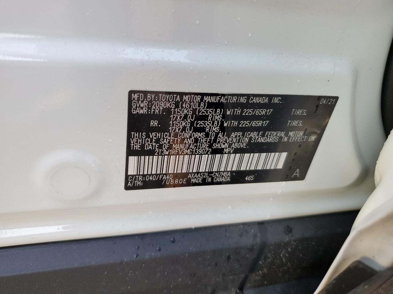 2021 Toyota RAV 4 VIN 2T3W1RFV3MC139072 Copart auction photo, all over / undercarriage damage thumbnail 13