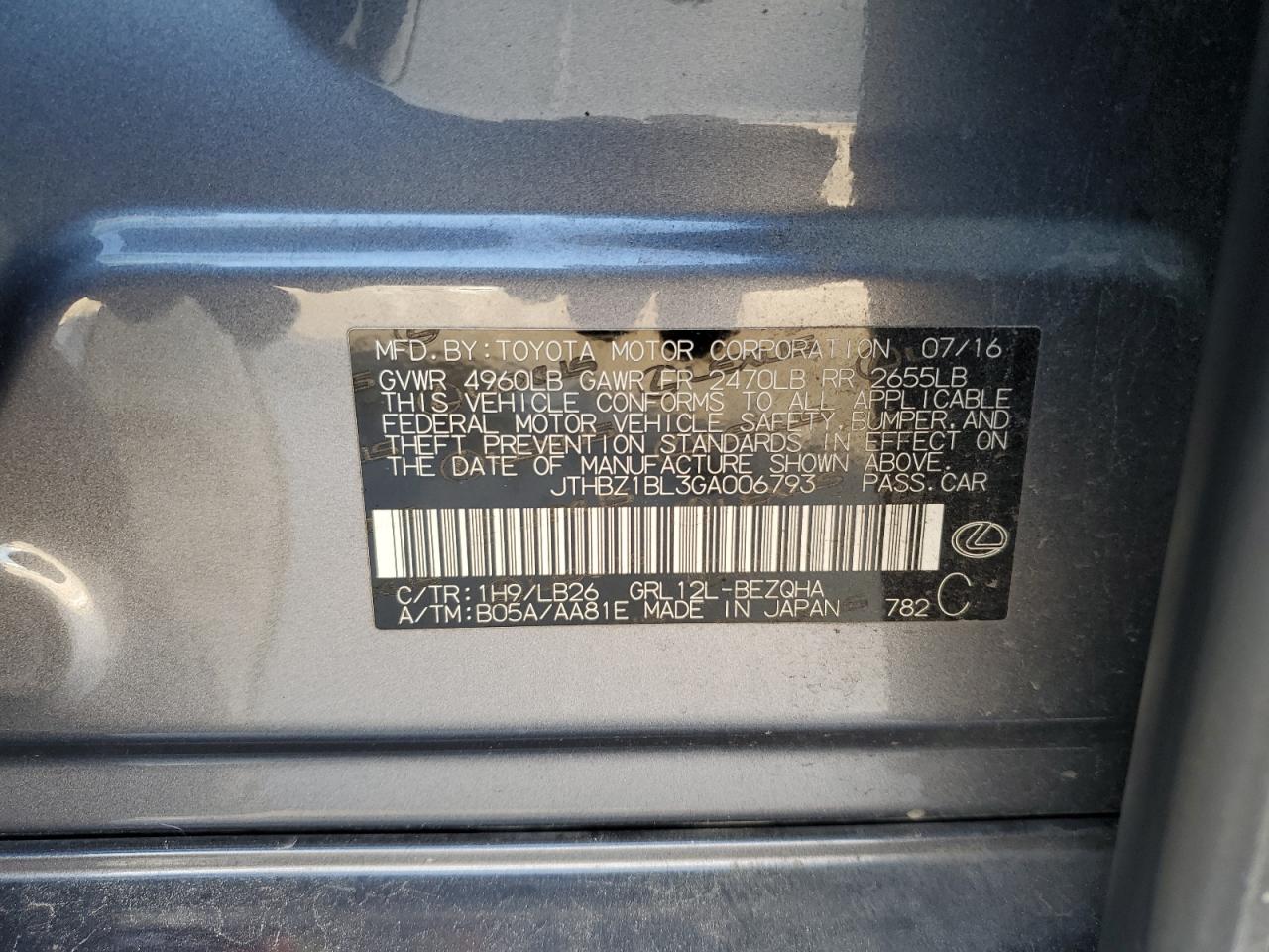 2016 Lexus GS VIN JTHBZ1BL3GA006793 Copart auction photo, rear end / side damage thumbnail 14