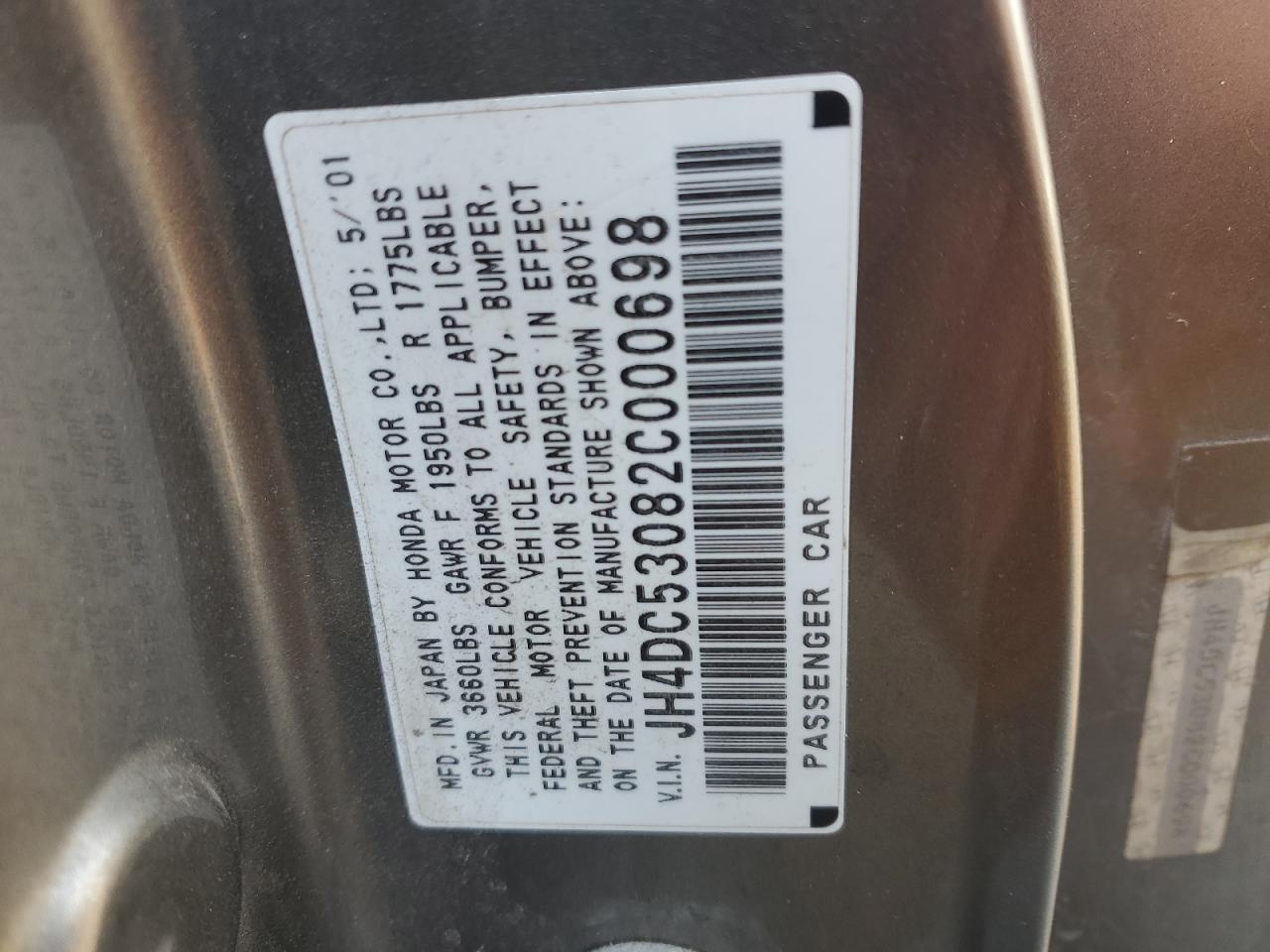 2002 Acura RSX VIN JH4DC53082C000698 Copart auction photo, front end / rear end damage thumbnail 13