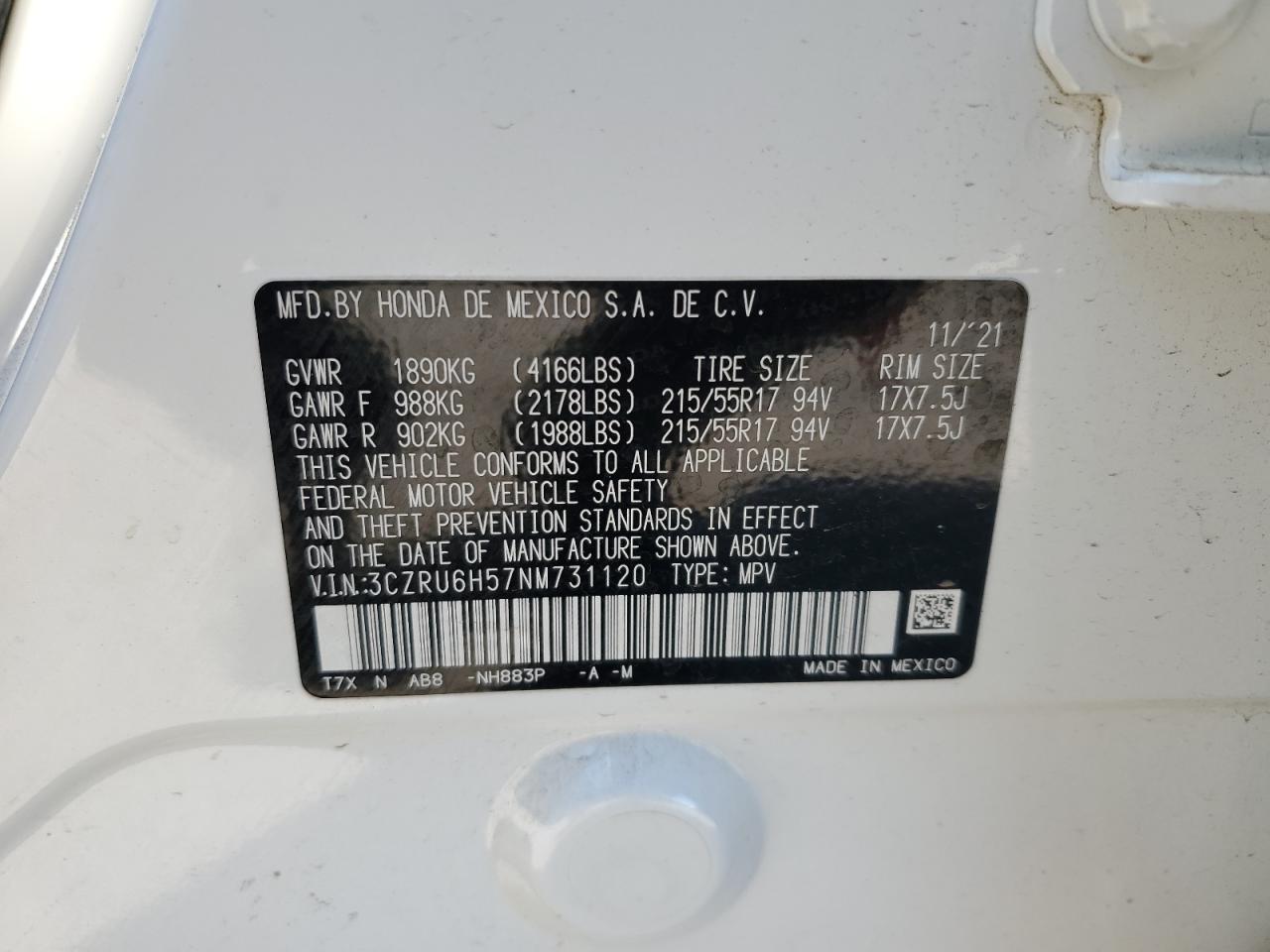 2022 Honda HR-V VIN 3CZRU6H57NM731120 Copart auction photo, rollover damage thumbnail 13